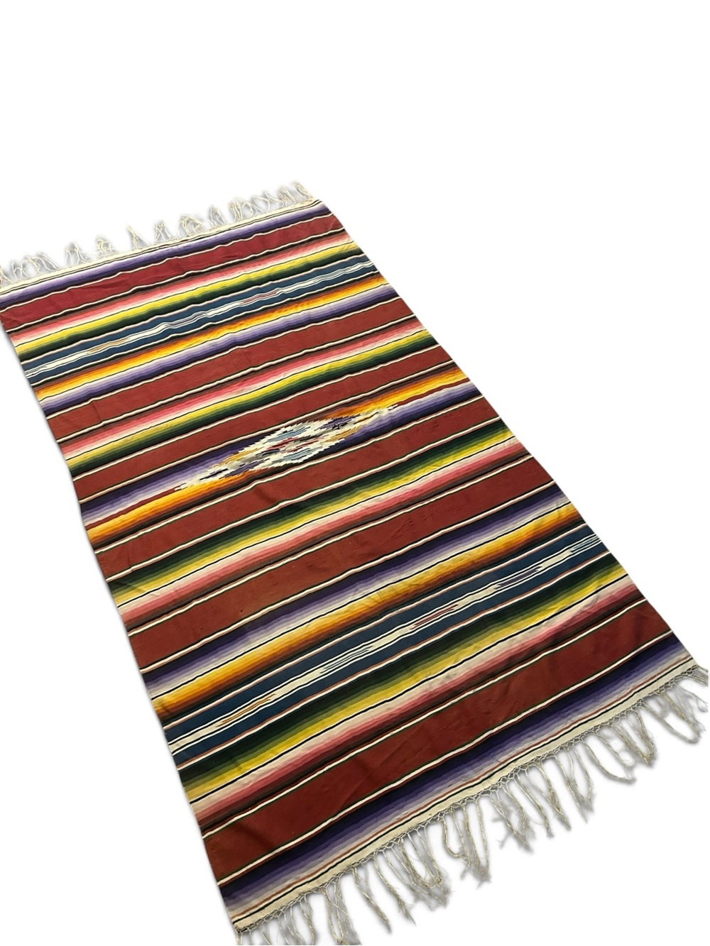 Vintage Saltillo Serape Blanket 100” x 49.5” MCM Vintage Handwoven Red Striped